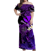 (Custom Personalised) Hawaii Turtle With Plumeria Leaf Purple Women Off Shoulder Long Dress - LT12 Long Dress Black - Polynesian Pride