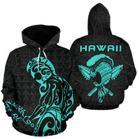 Polynesian Kakau Helmet Weapon Turquoise Kanaka Warrior Hoodie Unisex Turquoise - Polynesian Pride