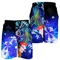 Kosrae Men's Shorts - Humpback Whale with Tropical Flowers (Blue) - Polynesian Pride