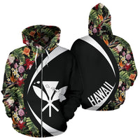 Kanaka Tropical Flowers Watercolor Zipper Hoodie Circle Style Unisex Black - Polynesian Pride