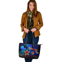 Nauru Custom Personalised Large Leather Tote Bag - Vintage Tribal Mountain - Polynesian Pride