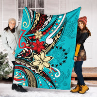 Cook Islands Premium Blanket - Tribal Flower With Special Turtles Blue Color - Polynesian Pride