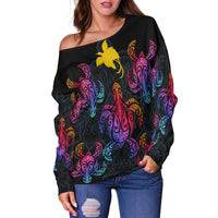 Papua New Guinea Women's Off Shoulder Sweaters - Sea Turtle In Tribal Polynesian Style - Polynesian Pride