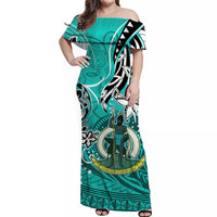 Vanuatu Color Off Shoulder Long Dress Coat of Arms Version Turquoise LT13 Long Dress Turquoise - Polynesian Pride