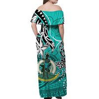 Vanuatu Color Off Shoulder Long Dress Coat of Arms Version Turquoise LT13 - Polynesian Pride