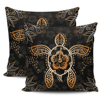 Turtle Hibiscus Orange Pillow Covers One Size Zippered Pillow Cases 18"x 18" (Twin Sides) (Set of 2) Black - Polynesian Pride