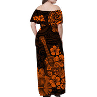 Hawaii Off Shoulder Long Dress Polynesia Orange Ukulele Flowers LT13 - Polynesian Pride