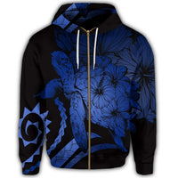 Hawaiian Hawaii Turtle Hibiscus Polynesian Vintage Zip Hoodie Blue - Polynesian Pride