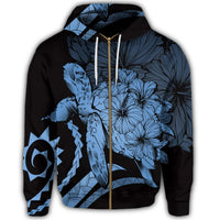 Hawaiian Hawaii Turtle Hibiscus Polynesian Vintage Zip Hoodie Pastel Blue - Polynesian Pride