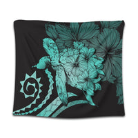 Hawaiian - Hawaii Turtle Hibiscus Polynesian Vintage Tapestry - Turquoise - AH Wall Tapestry Black - Polynesian Pride