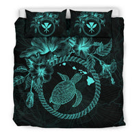 Polynesian Hawaii Bedding Set - Blue Turtle Hibiscus Flower Frame Vintage - Polynesian Pride