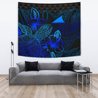 Tokelau Tapestry - Turtle Hibiscus Pattern Blue Wall Tapestry Large 104" x 88" Blue - Polynesian Pride