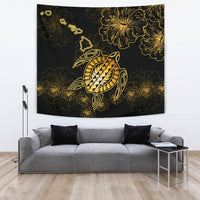 Hawaiian Turtle Hibiscus - Tapestry - Flora Style Wall Tapestry Large 104" x 88" Black - Polynesian Pride
