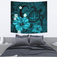 Hawaii Turtle Poly Tribal Turquoise Tapestry Wall Tapestry Blue - Polynesian Pride