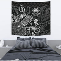 Federated States Of Micronesia Tapestry - Turtle Hibiscus Pattern Black Wall Tapestry Medium 80" x 68" Black - Polynesian Pride