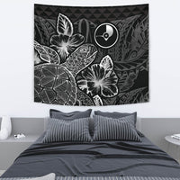 Yap Tapestry - Turtle Hibiscus Pattern Black Wall Tapestry Medium 80" x 68" Black - Polynesian Pride