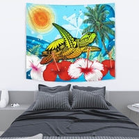 Hawaii Turtle Sea Hibiscus Tapestry - Sun Style Wall Tapestry Medium 80" x 68" Blue - Polynesian Pride