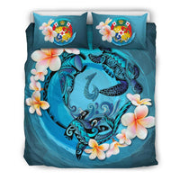 Polynesian Duvet Cover Set - Tonga Bedding Set Blue Plumeria Animal Tattoo - Polynesian Pride