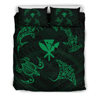 Polynesian Turtle Hammerhead Shark Ray Kanaka Hawaii Bedding Set Circle Green - Polynesian Pride