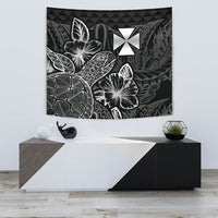 Wallis And Futuna Tapestry - Turtle Hibiscus Pattern Black Wall Tapestry Small 60" x 51" Black - Polynesian Pride