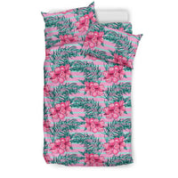 Hawaiian Tropical Flowers Palm Leaves Hibiscus Strips Polynesian Bedding Set - Polynesian Pride