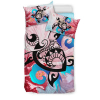 Hawaiian Wave Hibiscus Watercolor Turtle Polynesian Bedding Set - Polynesian Pride