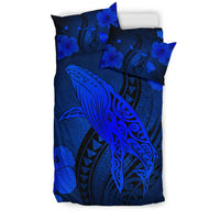 Hawaiian Map Whale Swim Hibiscus Polynesian Bedding Set - Blue - Polynesian Pride
