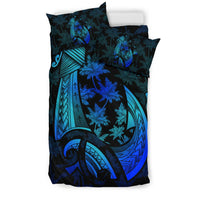 Hawaiian Map Palm Trees Fish Hook Polynesian Bedding Set Colorful Blue - Polynesian Pride