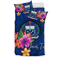 Polynesian Custom Personalised Bedding Set - Samoa Duvet Cover Set Floral With Seal Blue - Polynesian Pride