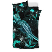 Papua New Guinea Polynesian Bedding Set - Turtle With Blooming Hibiscus Turquoise - Polynesian Pride