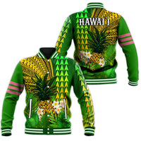 Hawaii Pineapple Baseball Jacket Plumeria Frangipani Mix Tribal Pattern LT13 Unisex Green - Polynesian Pride