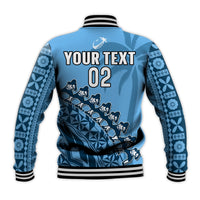 (Custom Text And Number) Fiji Tapa Rugby Baseball Jacket Fijian Cibi Dance Tapa Pattern Blue LT14 - Polynesian Pride