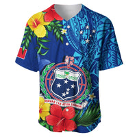 Samoa Baseball Jersey Coat Of Arms Mix Tropical Flowers LT14 Blue - Polynesian Pride
