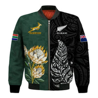 (Custom Text and Number) South Africa Protea and New Zealand Fern Bomber Jacket Rugby Go Springboks vs All Black LT13 - Polynesian Pride