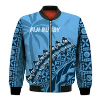 (Custom Text And Number) Fiji Tapa Rugby Bomber Jacket Fijian Cibi Dance Tapa Pattern Blue LT14 - Polynesian Pride