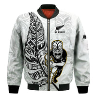 New Zealand Silver Fern Rugby Bomber Jacket All Black Maori Version White LT14 Unisex White - Polynesian Pride