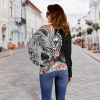 Vanuatu Malampa Province Women Off Shoulder Sweater Hibiscus Tribal Polynesian Tattoo Ver Black LT9 - Polynesian Pride