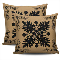 Hawaiian Quilt Maui Plant And Hibiscus Pattern Pillow Covers - Black Gold - AH - Polynesian Pride