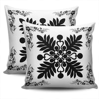 Hawaiian Quilt Maui Plant And Hibiscus Pattern Pillow Covers - Black White - AH - Polynesian Pride