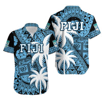 Fiji Matching Hawaiian Shirt and Dress Coat Of Arms with Masi Tapa Mixed Palm Tree No1 Blue Version LT9 - Polynesian Pride