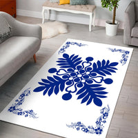 Hawaiian Quilt Maui Plant And Hibiscus Pattern Area Rug - Blue White - AH - Polynesian Pride