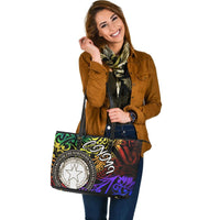 Northern Mariana Islands Large Leather Tote Bag - Rainbow Polynesian Pattern - Polynesian Pride