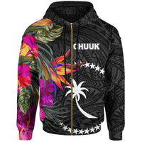 Chuuk Zip up Hoodie Hibiscus Polynesian Pattern Unisex Black - Polynesian Pride