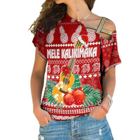 Hawaii Christmas Cross Shoulder Shirt Mele Kalikimaka - Ukulele LT7 Female Red - Polynesian Pride