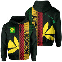 Polynesian Kakau Kanaka Flag Map of Hawaii Zip Hoodie Green Unisex Green - Polynesian Pride