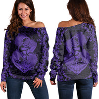 Hawaii Anchor Hibiscus Flower Vintage Women's Off Shoulder Sweater - AH - Purple Black - Polynesian Pride