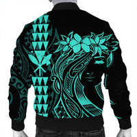 Hawaii Map Kanaka Polynesian Hula Girl Bomber Jacket Turquoise - AH - J5R - Polynesian Pride