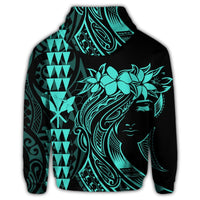 Hawaiian Map Kanaka Polynesian Hula Girl Hoodie Turquoise - Polynesian Pride