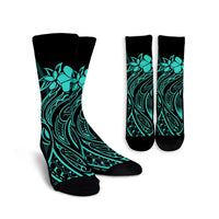 Hawaii Map Kanaka Polynesian Hula Girl Crew Socks Turquoise - AH - J5R Crew Socks White - Polynesian Pride
