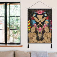 Hawaii Map Kanaka Two Men Holding Flag Hanging Poster Gold - AH - Polynesian Pride